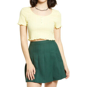 BP. Women's Pointelle Short Sleeve Rib Crop Henley Top In Yellow Lemonade Size L